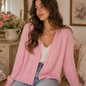 Vintage‎ Cottagecore Coquette Grandmacore Pointelle Pink Cardigan Sweater USA